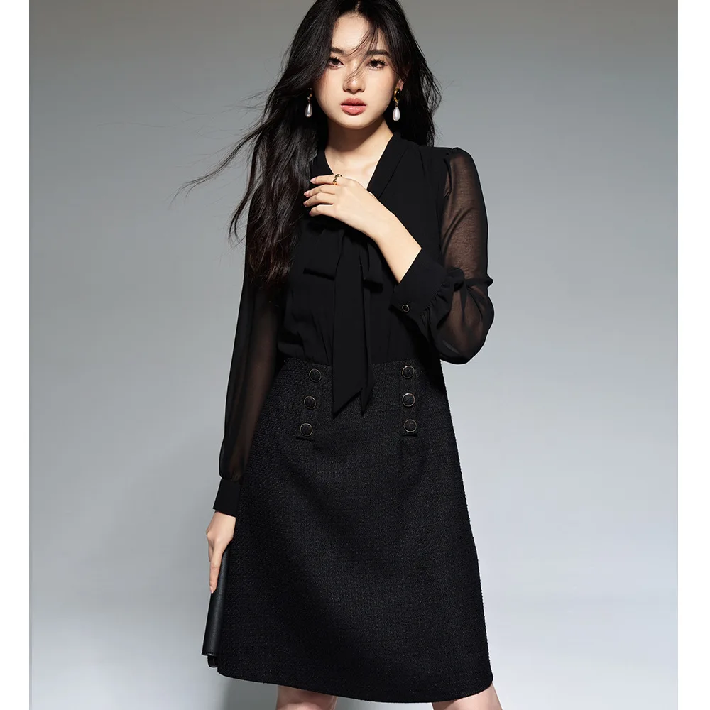 

Новое ранневесеннее платье Shengdu в стиле ретро с поясом-завязкой, имитация двух частей, в стиле «Маленький аромат», элегантное и качественное