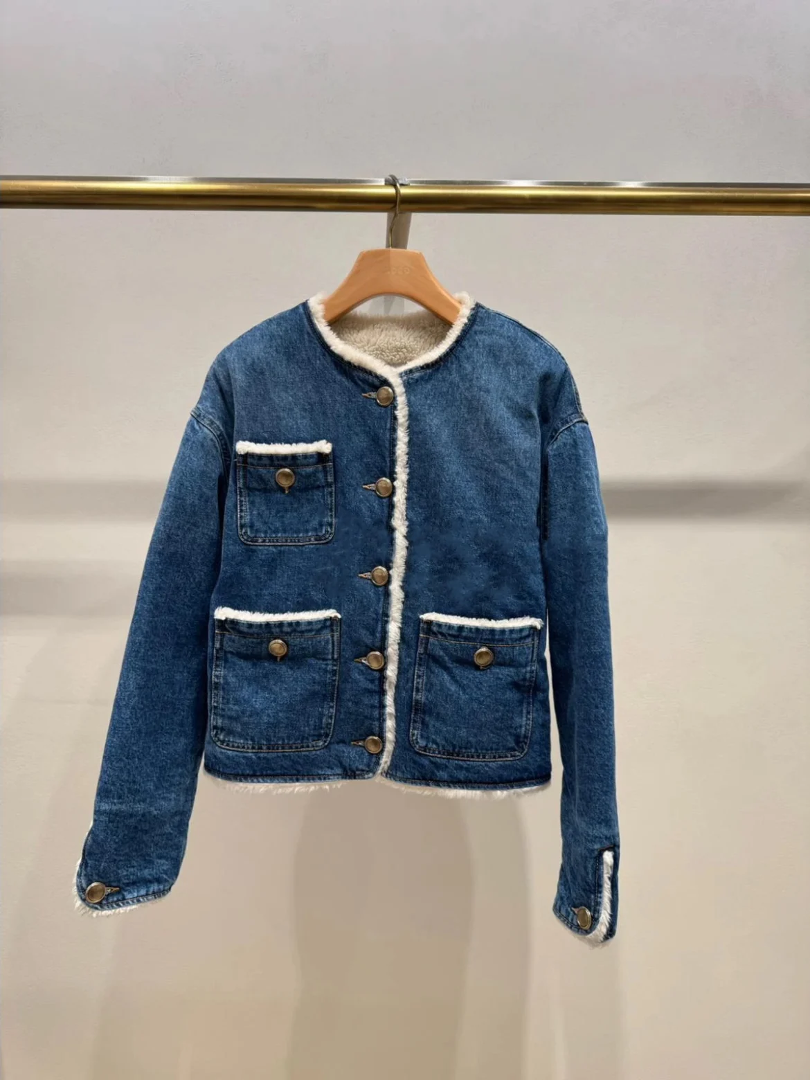 

Heidd Autumn Winter Thiened Lamb Fur Warmth Denim Jaet Women's Stand Fit Long Sve round Ne ort Outerwear