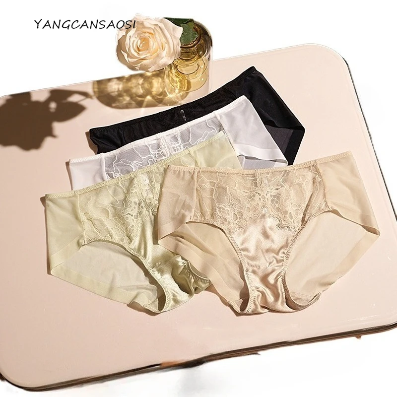 

Women's Underwear Natural Mulberry Silk Sexy Triangle Pants Skin-friendly Crotch Seamless Lace Mesh Mid Waist Underpants