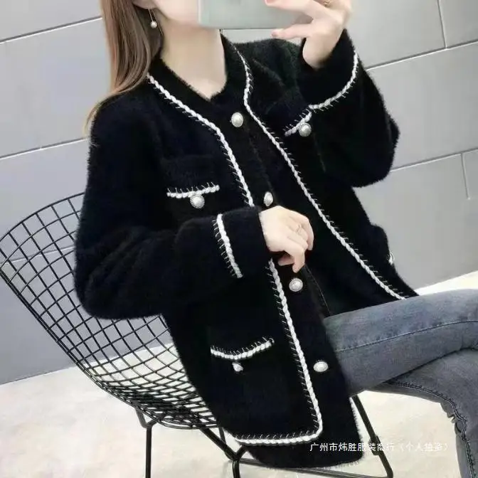 Loose 2024 Mink Fur Spring And Autumn Sweater, Cardigan, New Style Of Small Fragrance Coat, Thickened Women\'s Knitted Sweater