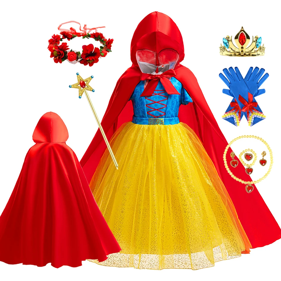 Girls Snow White Inspired Princess Dress with Red Hooded Cape Yellow Tulle Skirt Lace-Up Bodice Accessories Set for Halloween