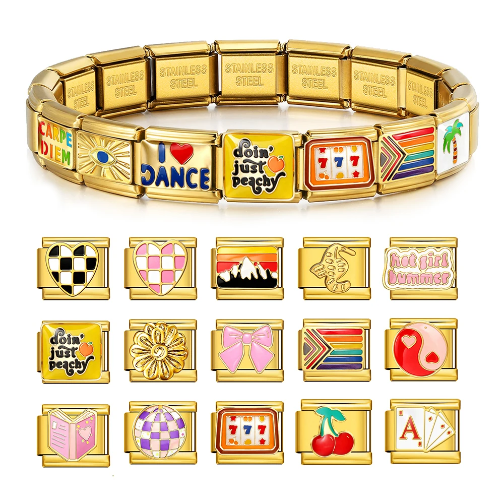 1 Stück Goldfarbenes Tägliches Zierliches Kirsch-Regenbogen-Herz Rosa Schleife Italienisches Gliederarmband für 9mm Armbänder DIY Perlen Edelstahl Schmuck – Detail 1