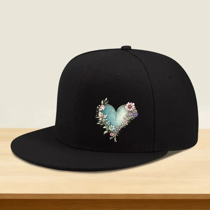 1 Hip-hop Hat Featuring a Romantic Floral Heart Print, a Flat-brimmed High-crown Cap Suitable for Both Men and Women