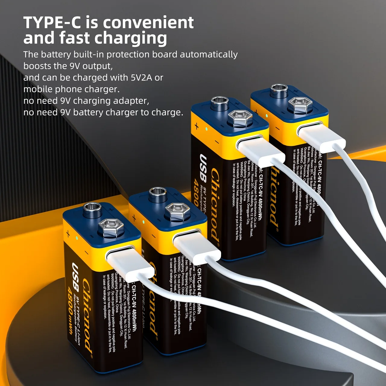 Akumulator litowy Chicnod 9V 4800mWh z ładowarką USB typu C, wbudowana ładowarka do pedałów gitarowych i multimetrów — zdjęcie produktu 5