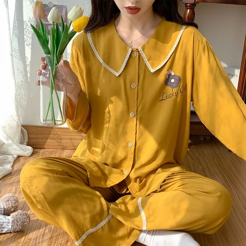 

Long Sleeve Doll Collar Poplin Sleepwear Women's Spring Autumn Thin Loose Casual Homewear Suit Sweet Cute Student Pajamas Set