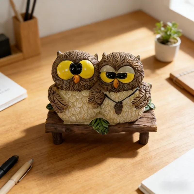 Owl Couple Resin Figurine, 2 Connected Owls on Bench Statue, Brown & White Cute Home Decor