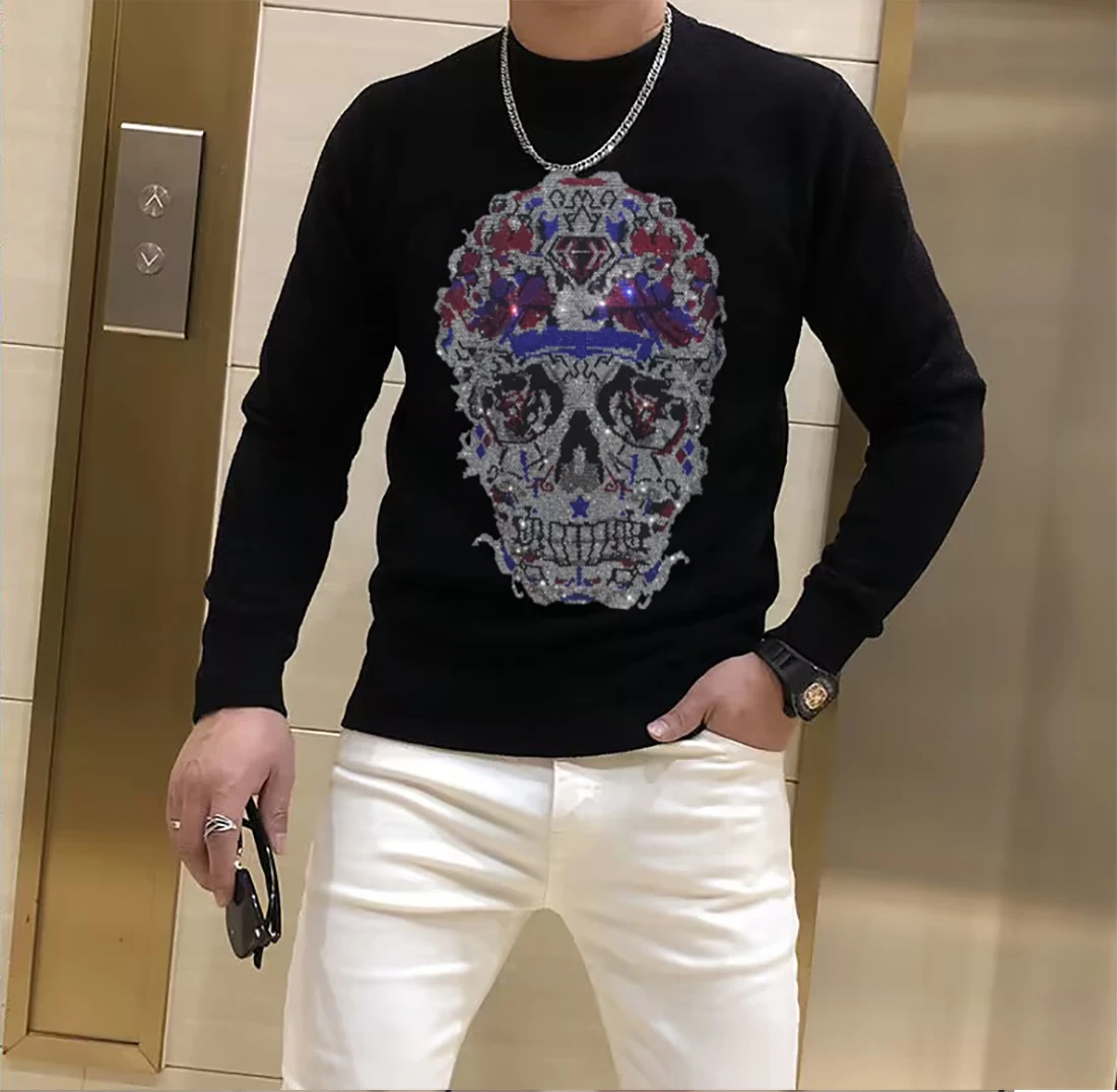 Men\'s Street Sweater Trendy Brand Rhinestone Skull Plein Pullover Tops Round Neck Plus Size Black Hip-Hop Streetwear Man Clothes