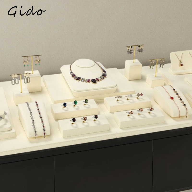 Beige Velvet Display Stand for Earrings Rings Necklace Luxury Counter Organizer Rack for Jewelry Store Boutique Trade Show Prop