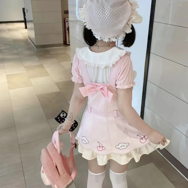 Japanese Sweet Lolita Style Dress Set Women Kawai Cartoon Sheep Embroidery Bow Strap Dress Suit White Peter Pan Collar Shirt Top