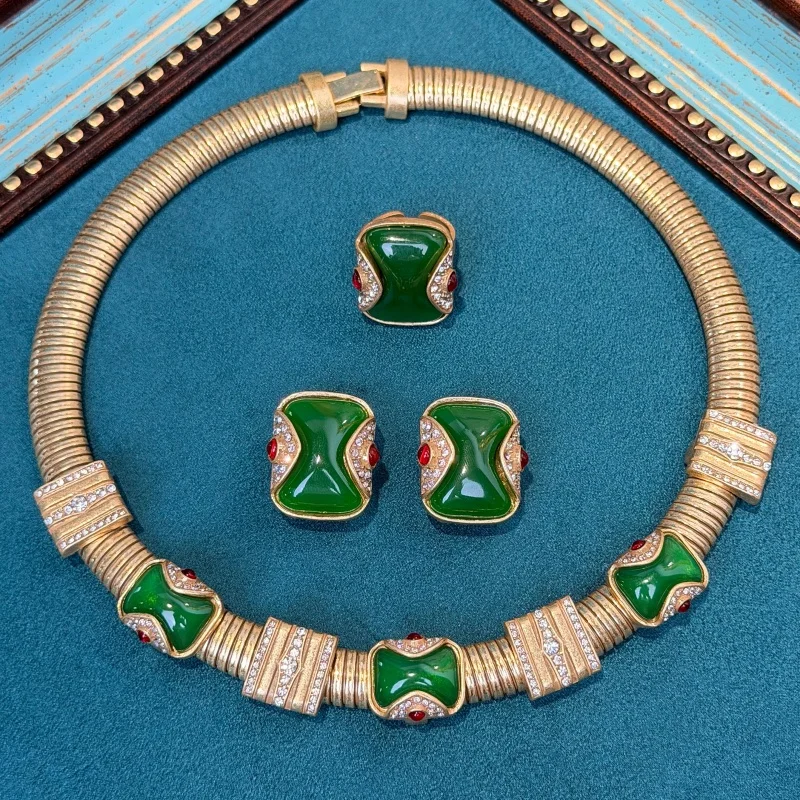 Vintage Green Agate Jewelry Sets Luxury Natural Stone For Woman Necklace Earrings Ring Anniversary Gift Trending 2026 New