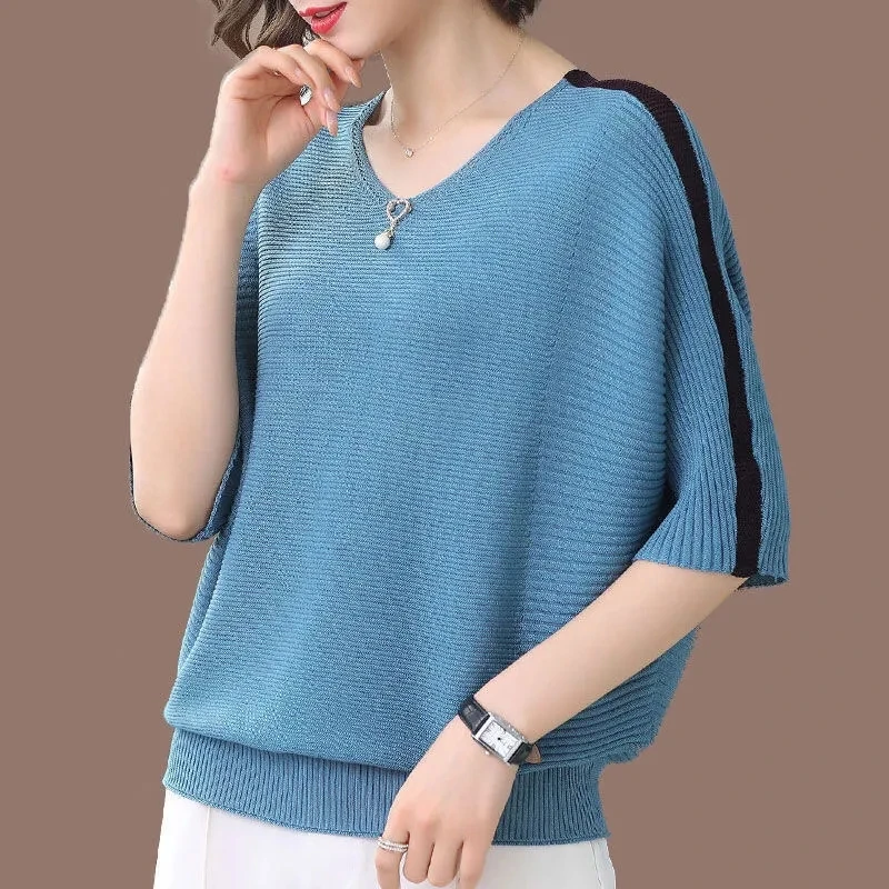 T-shirt women mid-sleeved spring women 2024 Korean summer wear three-quarter sleeve top ice silk V neck knitted bat t shirt