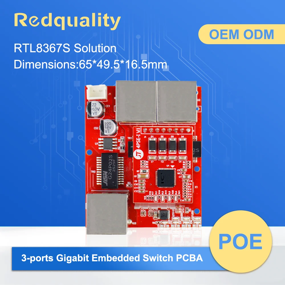 Redquality Mini 1000M 3-Port PoE Embedded PCBA Switch,Supporting DC 9-57V Wide Input Voltage, Suitable for Industrial Automation