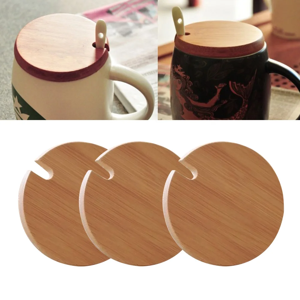 

3Pcs Bamboo Cup Lid Set Wooden Mug Cover With Spoon Hole Seal Cover For Drink