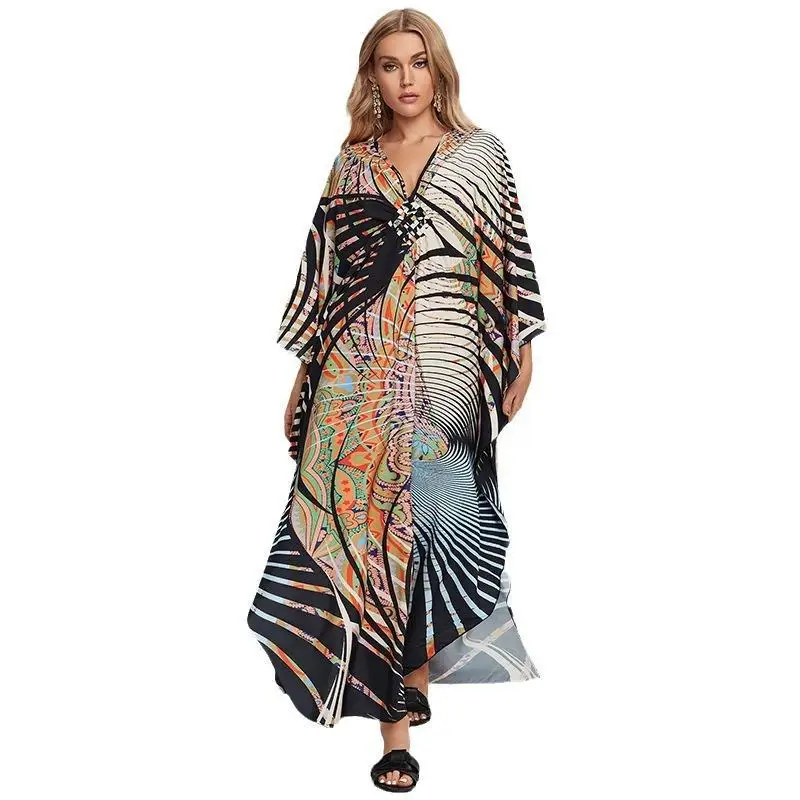 Robe longue de style bohème pour femmes, grande taille, col en v, caftan, maillot de bain, bikini, cover-up, tenue de vacances, robe de plage