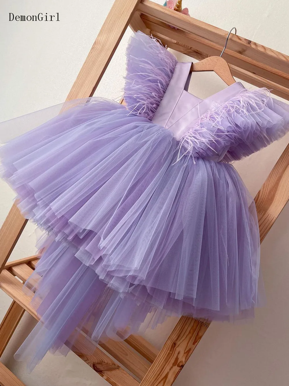 Purple Tulle Hi Low Style Kids Flower Girl Dresses Puffy Sleeves First Communion Dresses Girl Birthday Party Gown