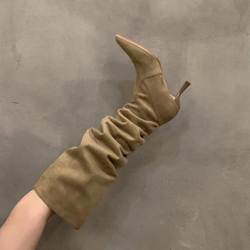 Sexy High Heel Women Knee High Boots Fashion Pleated Slip On Shoes Autumn Winter Ladies Knight Long Booties