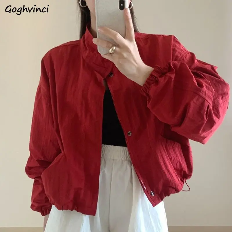 

Basic Jackets Women Thin Sun-proof Loose Cropped All-match Stand Collar Solid Streetwear Casual Korean Style Outwear Harajuku