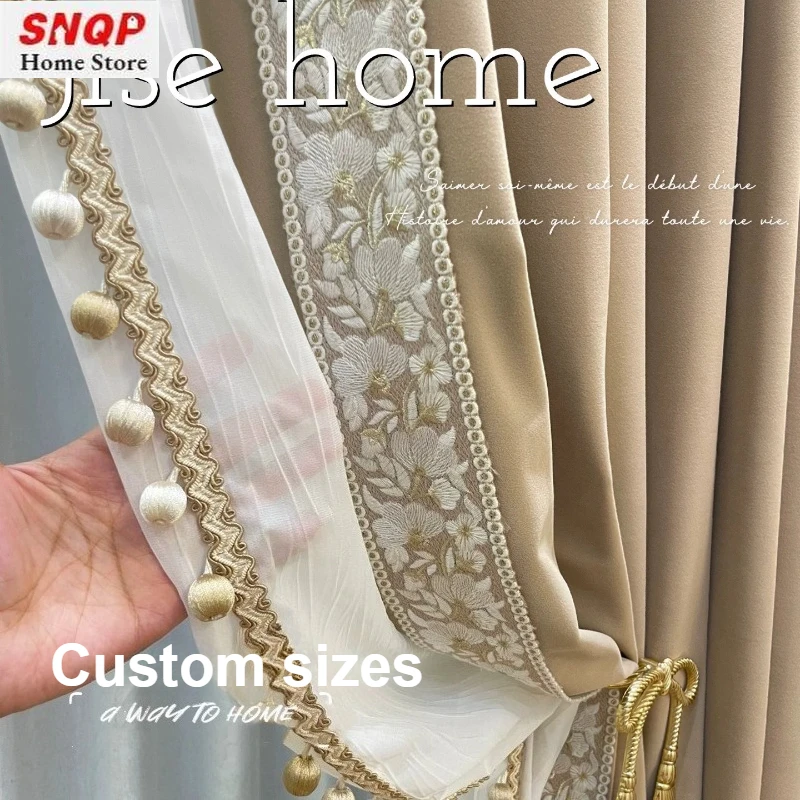 

European Embroidered Lace Beige Velvet Curtains for Living Room Bedroom Dining Tulle Custom Size Window Decor Thick Elegant
