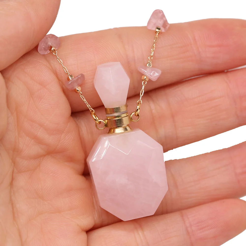Natural Stone Rose Quartz Perfume Bottle Essential Oil Diffuser Reiki Healing Exquisite Necklace Jewelry Gift