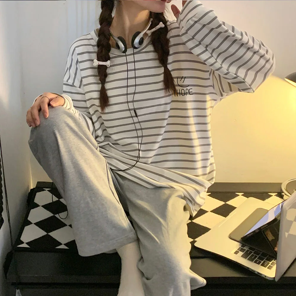 Casual Long Sleeves Striped Cotton Women's Pajama Spring New Round Neck Pullover+Pants 2Pcs Patchwork Loose Female Sleepwear Set