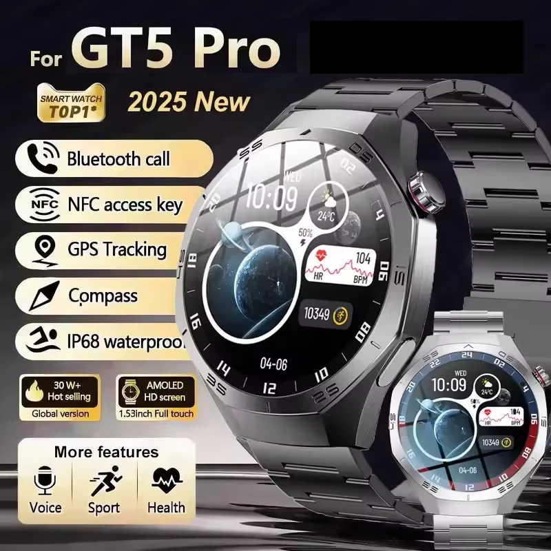 

Новинка 2025 года, умные часы 5 Pro, мужские AMOLED-экраны, GPS, траектория движения, пульс, Bluetooth-звонки, умные часы, водонепроницаемые