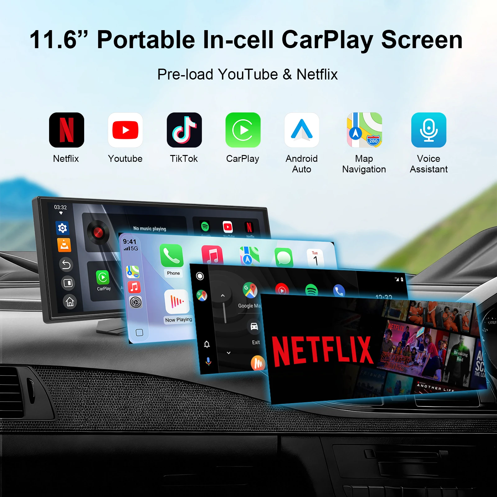 11.6 inch In-cell Touchscreen Portable CarPlay Screen with Wireless CarPlay Android Auto Pre-load Online Video and Audio Apps