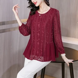 2024 New Silk Mesh Spliced Embroidered Long sleeved Shirt T-shirt for Women's Fashionable Black Loose Large Size Slimming Top