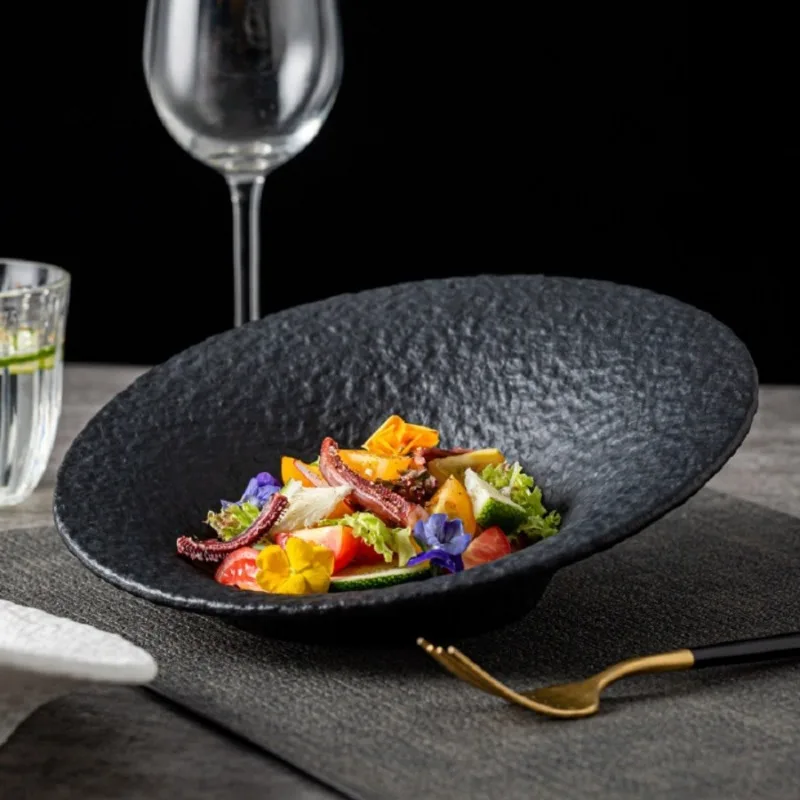 Stone Pattern Ceramic Irregular Salad Bowl Household Fruit Bowl Modern Porcelain Slanted Soup Bowl Hotel Restaurant Tableware