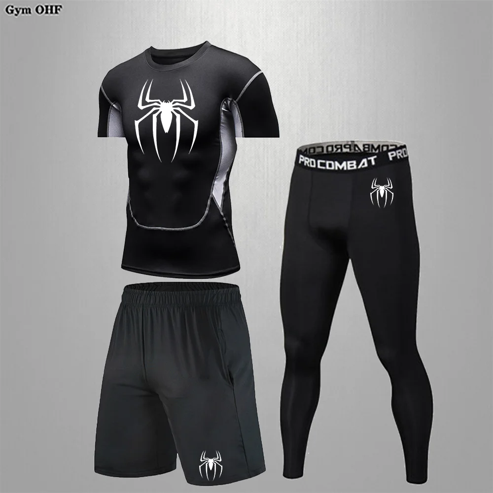 Spider Print Compression Set for Men 3 Pieces Athletic Active Workout Fitness Suit Undershirts Leggings Pants Shorts