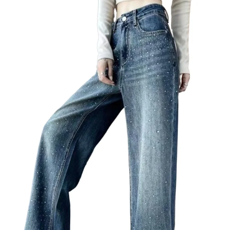 Rhinestone Wide-Leg High-Waist Slimming Loose Casual Jeans for Women with a Sense of Design High Street Straight Pants