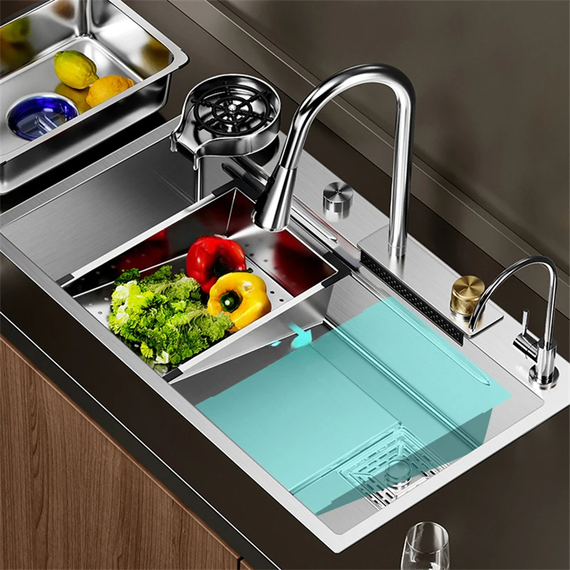 Nano Stainless Steel Sink Waterfall Kitchen Sink Large Single Slot Vegetable Washing Basin with Cup Washer Kitchen Accessories