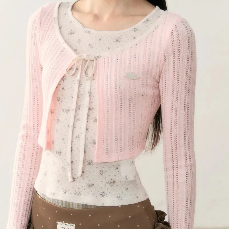 Pure Desire Long Sleeve Open Cardigan Inner Wear Slimming Fake Two-Piece Top Basic Style Ultra-Short Length Solid Color Embro...