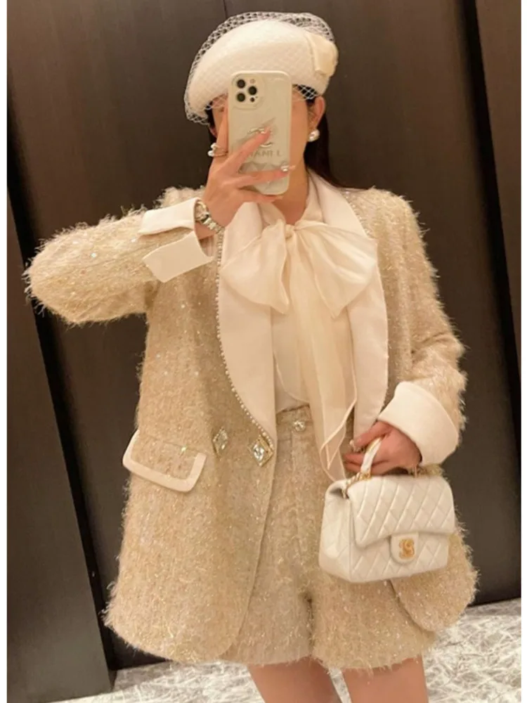 French Small Fragrance Lady Elegant Tweed Woolen Blazer Shorts Suits Autumn Outfits Celebrity Luxury 2 Piece Chic Matching Sets