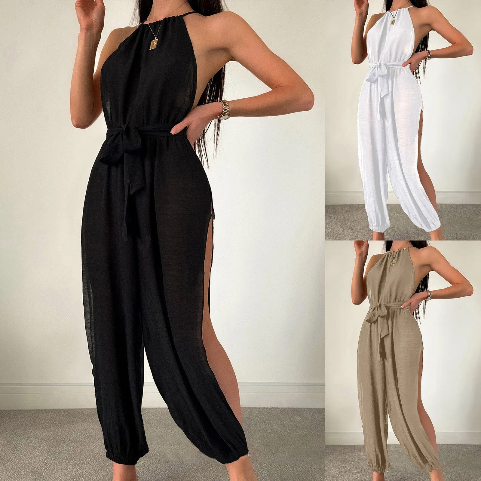 Women's Sleeveless Beach Coverup Solid Color Versatile Strap Fashion Slim Fit Jumpsuit