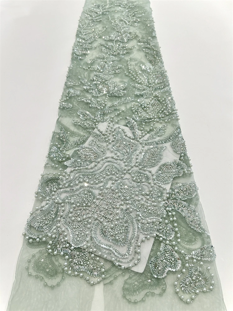 

African Heavy Beaded Lace Fabric 2025 High Quality 5 Yards Nigerian Sequins Groom Fabric Material For Wedding Party Dress