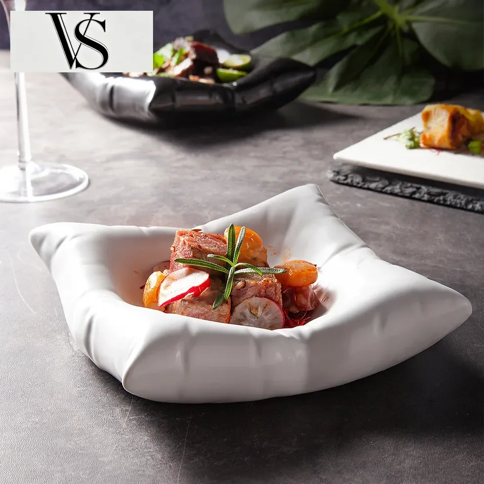 Artistic Tableware Conception New Products, Plates, Pillows, Creative White High-End Plate, Hotel Square Ceramic Cold Dish,