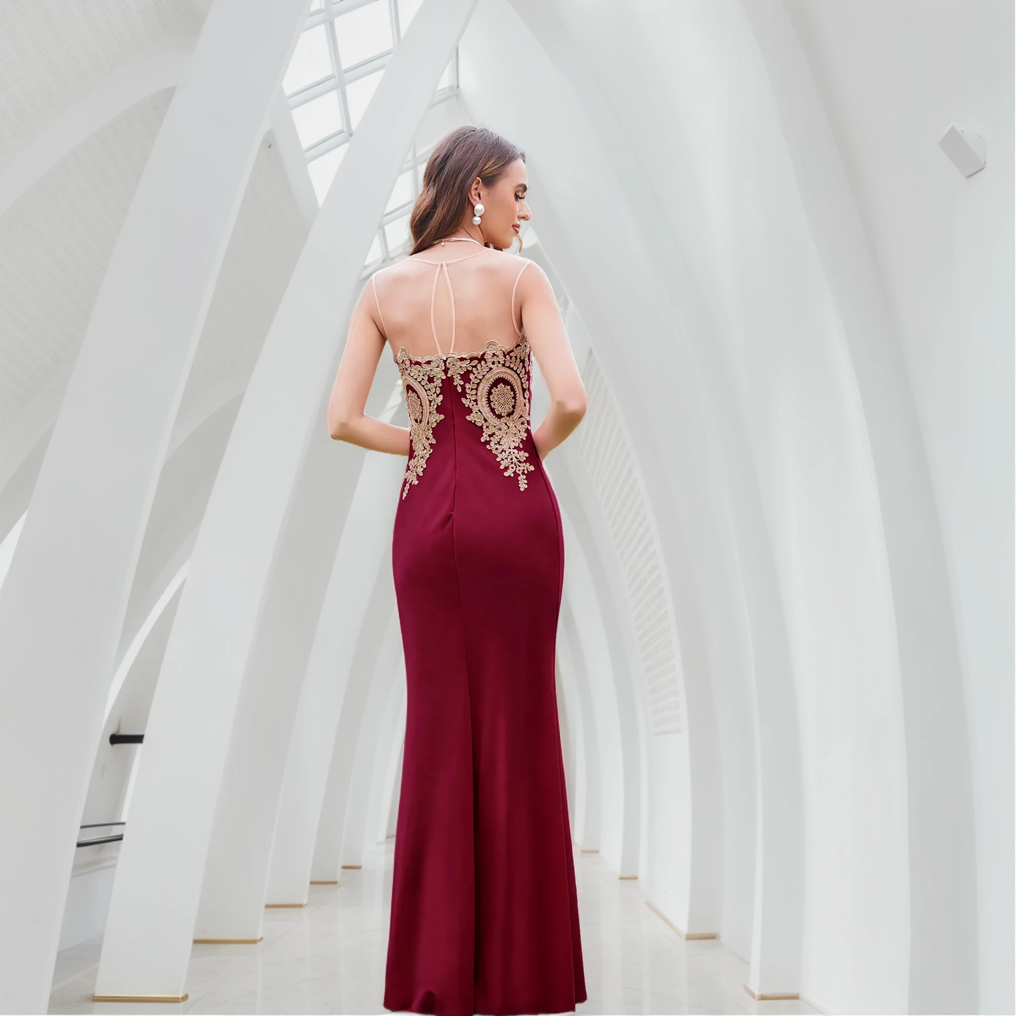 BABYONLINE Burgundy Evening Dress Illusion O-Neck Sequins Appliques Sleeveless Mermaid Prom Dress Slim Empire Party Trumpet Gown image 2