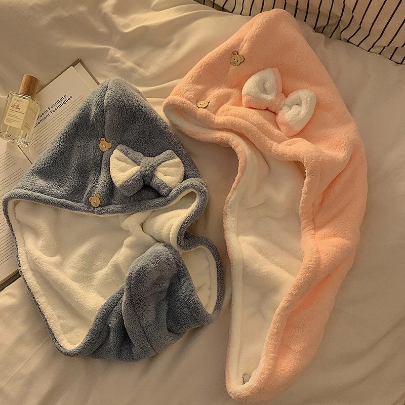 لطيف القوس قبعة تجفيف الشعر للنساء عالية المظهر طبقة مزدوجة سميكة سوبر ماصة سريعة الجافة قبعة الدش غسل الشعر توي #4