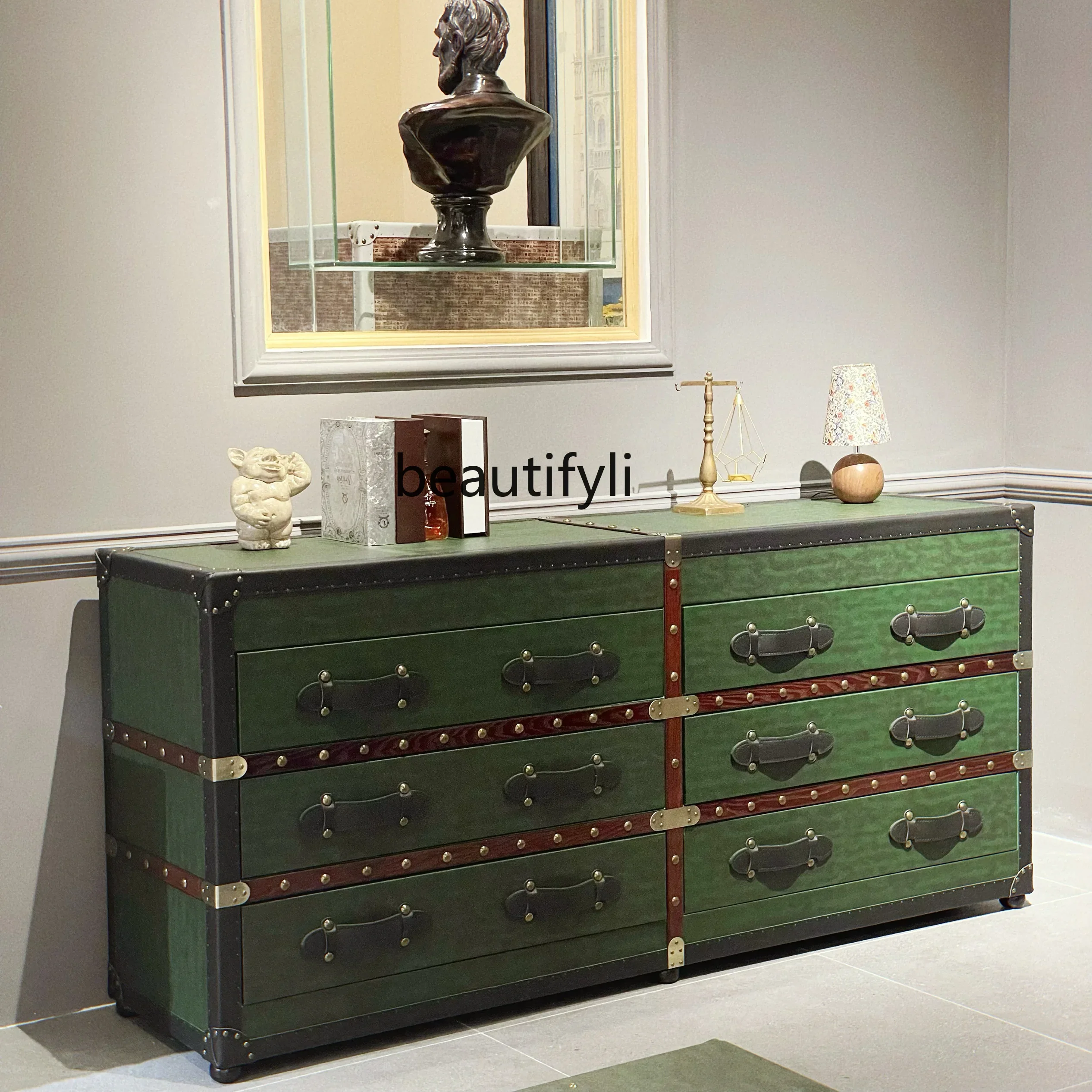 

H5556 High-end atmosphere mid-ancient dark green retro bucket cabinet porch TV cabinet dining bedside cabinet