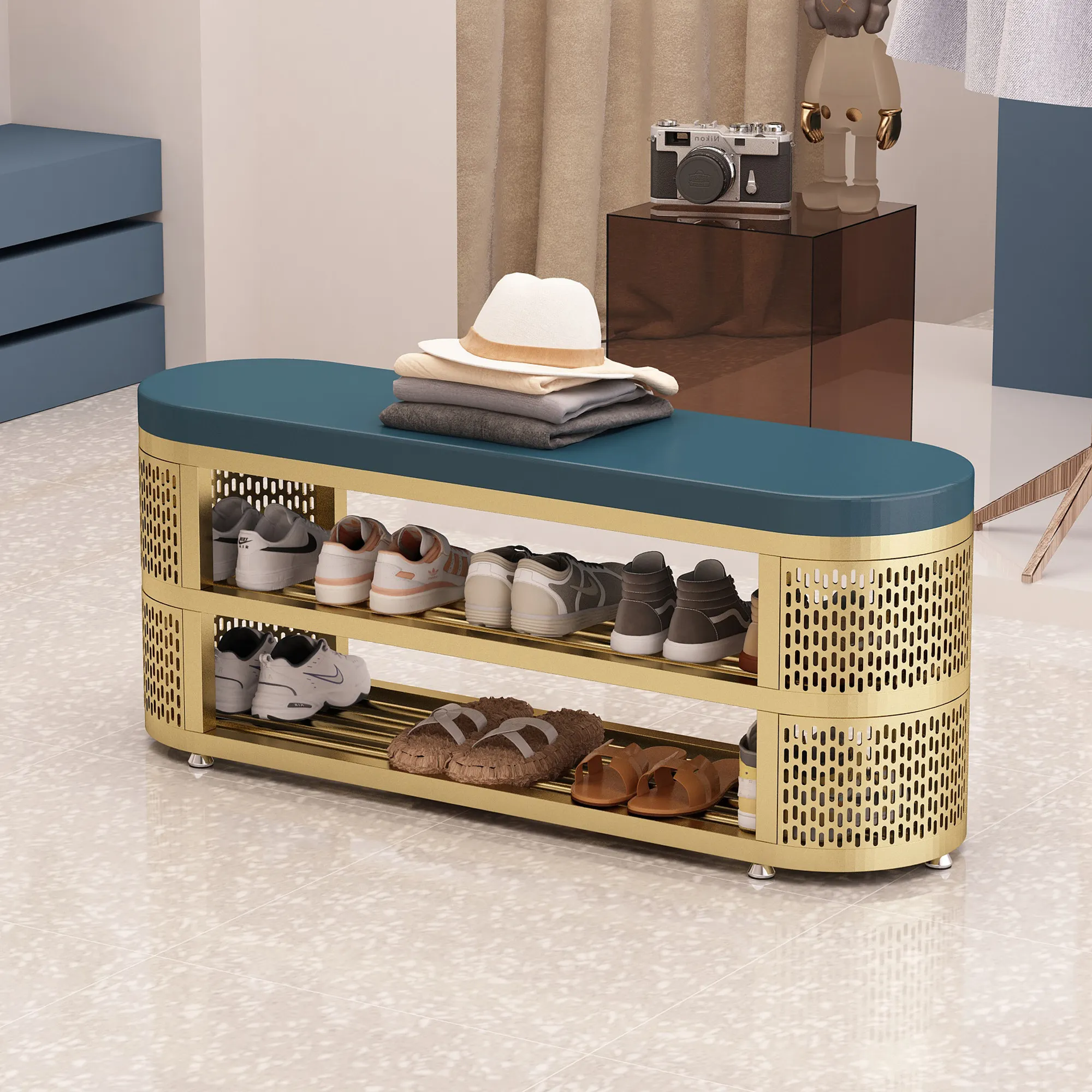 Wrought iron shoe change stool household entrance shoe cabinet entrance stool shoe rack integrated sitting stool