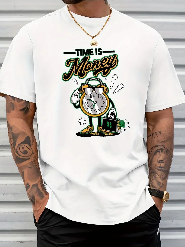 Men Summer Crew Neck Short Sleeve T Shirt Time Is Money Cartoon Alarm Clock Print Casual Loose Streetwear Daily Fashion Tops