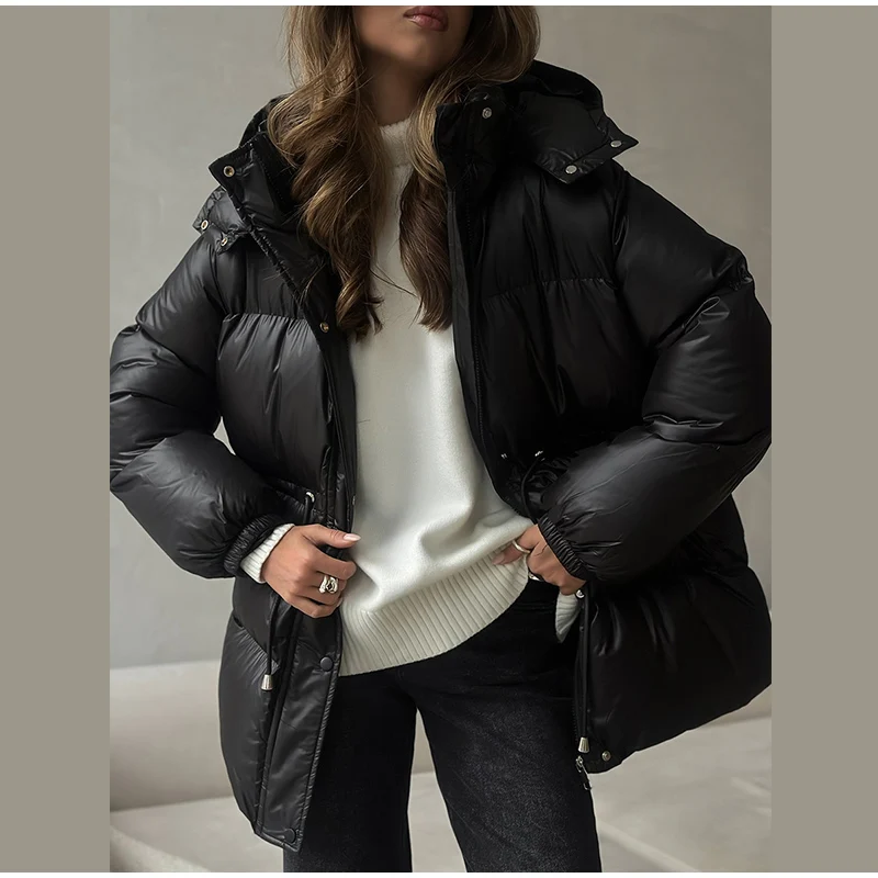 Hooded Women's Winter Jacket Zipper Drawstring Puffer Coat Shiny Thickened Bubble Coat Detachable Hood Mid Length Cotton Coat