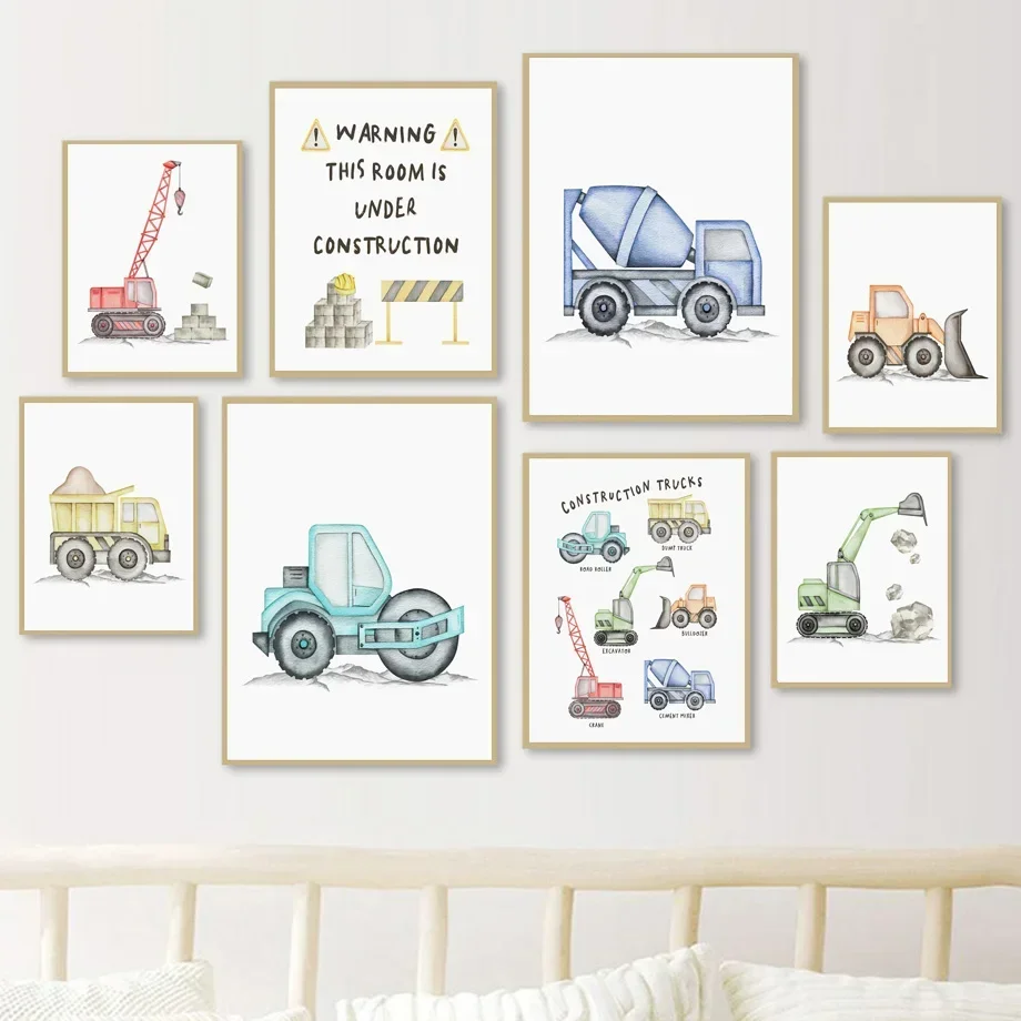 Cartoon Truck Crane Tractor Excavator Nursery Wall Art Canvas Painting Nordic Poster And Print Wall Pictures Kids Boy Room Decor