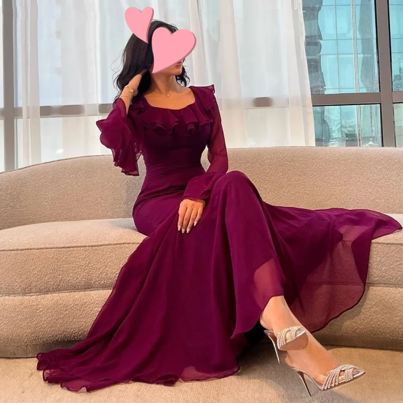 

Saudi Arabian Women A Line Long Sleeve Satin Evening Dress Elegant Ankle-Length Formal Occasion Party Dress Pleated Dress