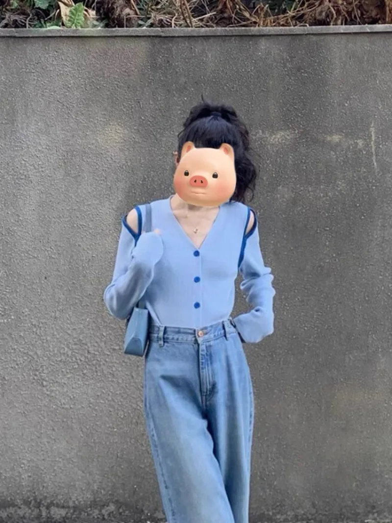 คาร์ดิแกนถักคอวีสีฟ้า cewek seksi หวาน, สเวตเตอร์ถักแฟชั่นสะพายไหล่เข้ารูปกลวงฤดูใบไม้ร่วง