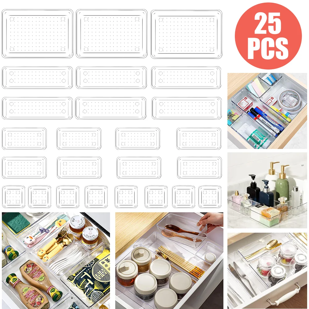 25 stücke Klar Box Lagerung Organizer Schreibtisch Kunststoff Lagerung Box Container Schublade Organizer Tisch Schmuck Box Make-Up Organizer Boxen – Detail 1