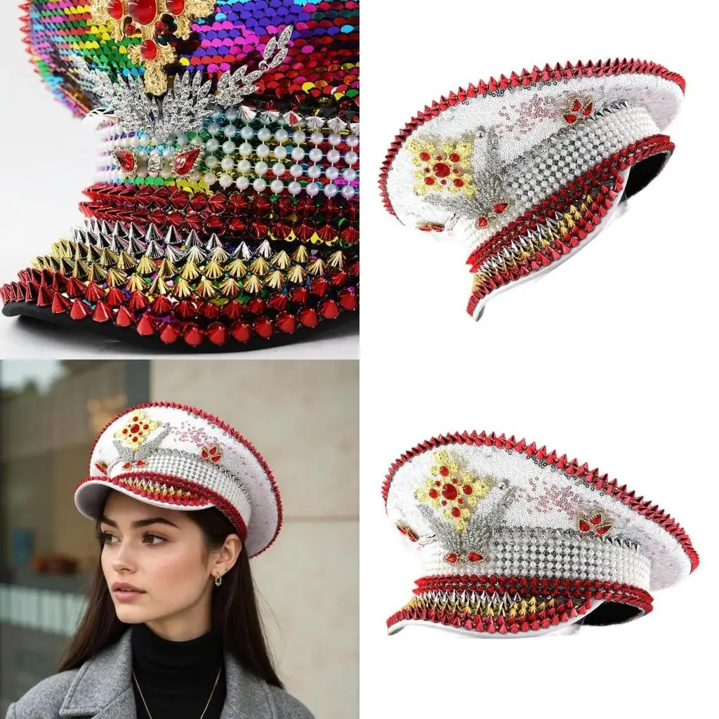 

A52E Rhinestones Embellished Hat Elegant Navies Hat Fashionable Women Sequins Hat