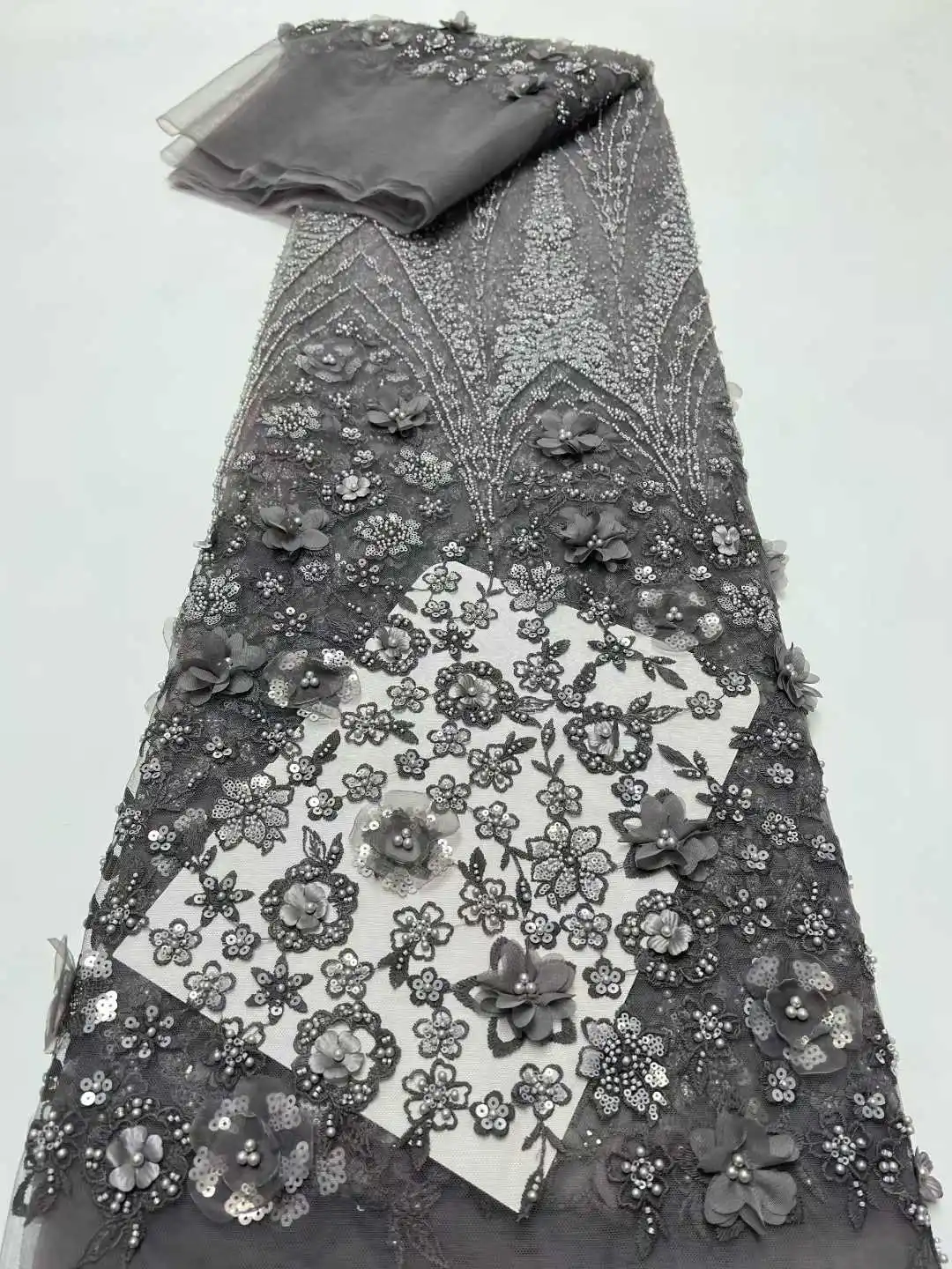 Luxury 3D Lace Fabric with Flower Tulle, Dubai Hand Beaded, Embroidered, African, Nigerian, Fabric for Sewing, 5 Yards