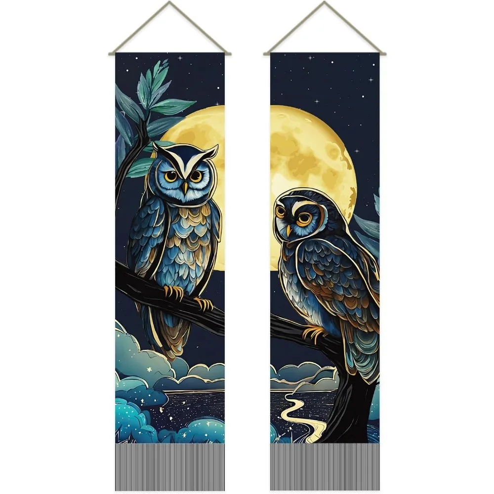 Pack of 2 Night Owl Tapestries Moonlit Night Tapestry Mystical Owl in a Moonlit Night Tassel Tapestry Wall Hanging for Room