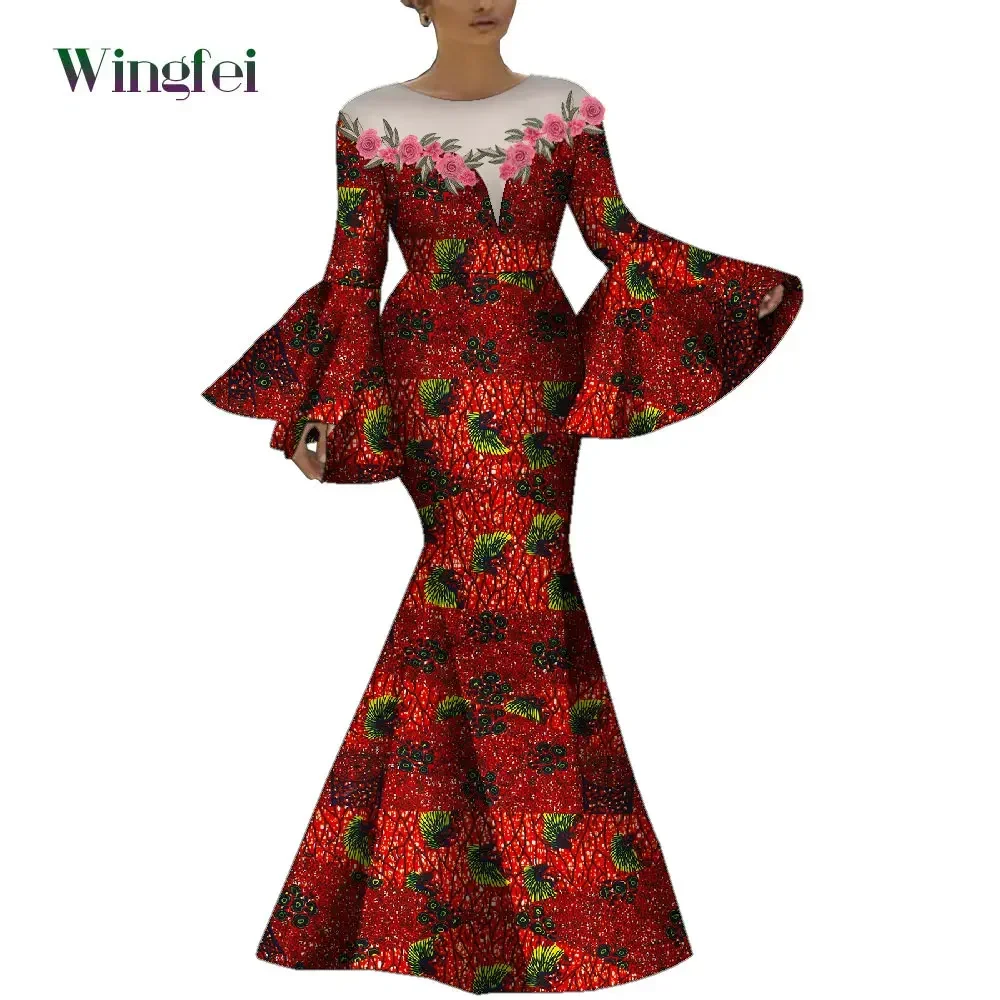 African Clothes for Women Flare Sleeve Dashiki Dresses with Embroidery Lady Mermaid Robe Dress Boat Neck Pluz Size Cotton WY9289